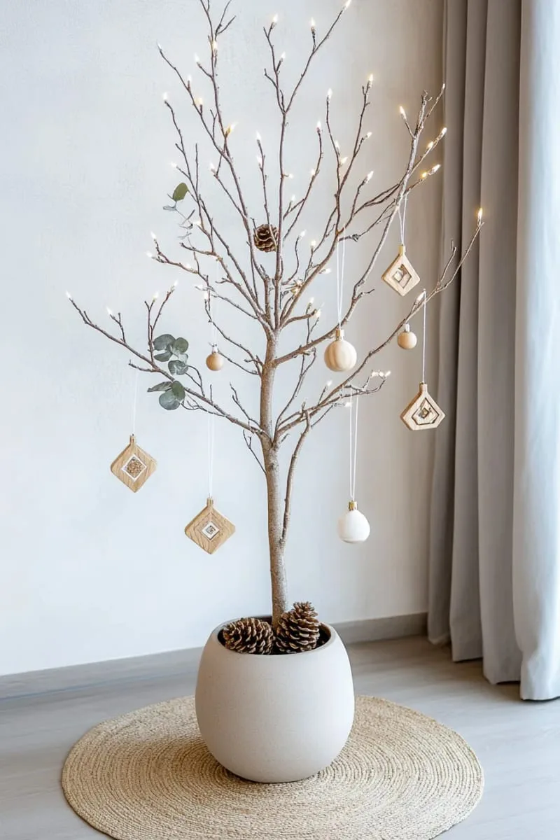 minimalist tree with natural wood ornaments and soft white lights 1