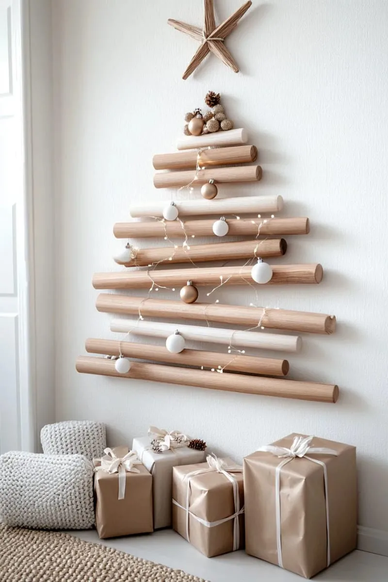 29 Best Christmas Decorations Trends You Can't Miss This Year 3 minimalist wall-mounted wooden christmas tree with twinkle lights 1