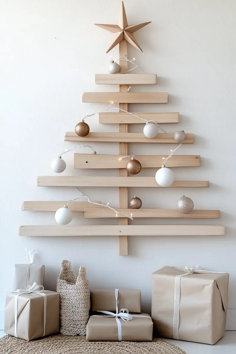 29 Best Christmas Decorations Trends You Can't Miss This Year 8 minimalist wall-mounted wooden christmas tree with twinkle lights 1