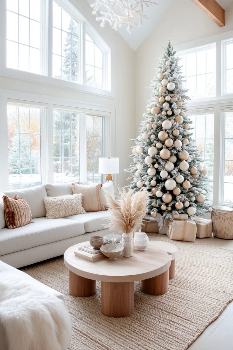 minimalist white christmas trees with neutral ornaments and soft lighting 1