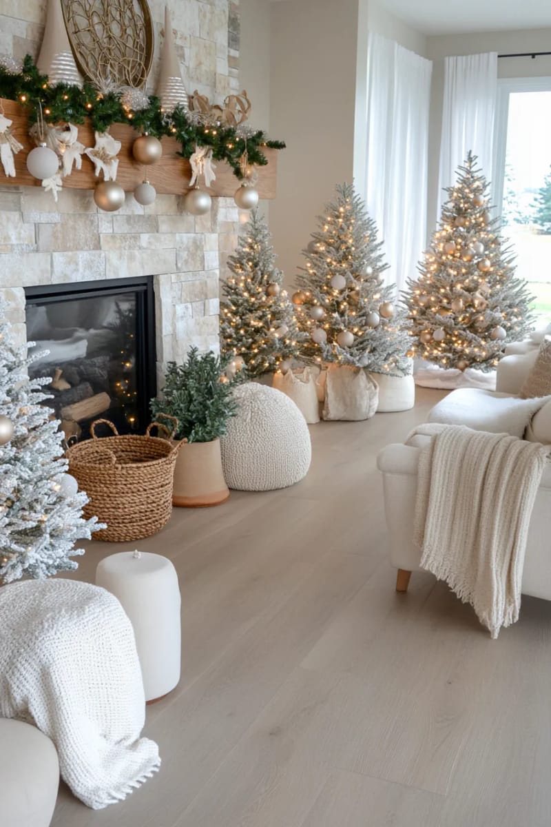 minimalist white christmas trees with neutral ornaments and soft lighting 1