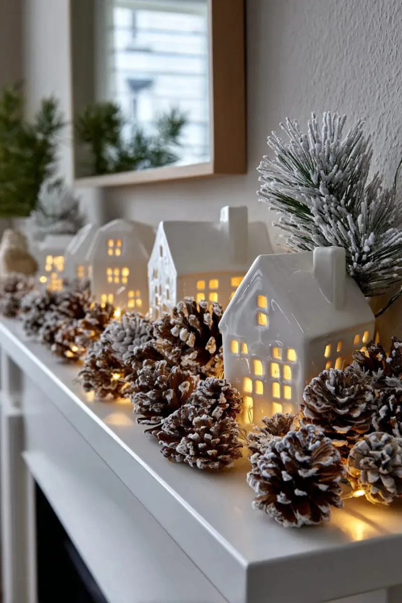 minimalist white houses with fairy lights and frosted pinecones 1