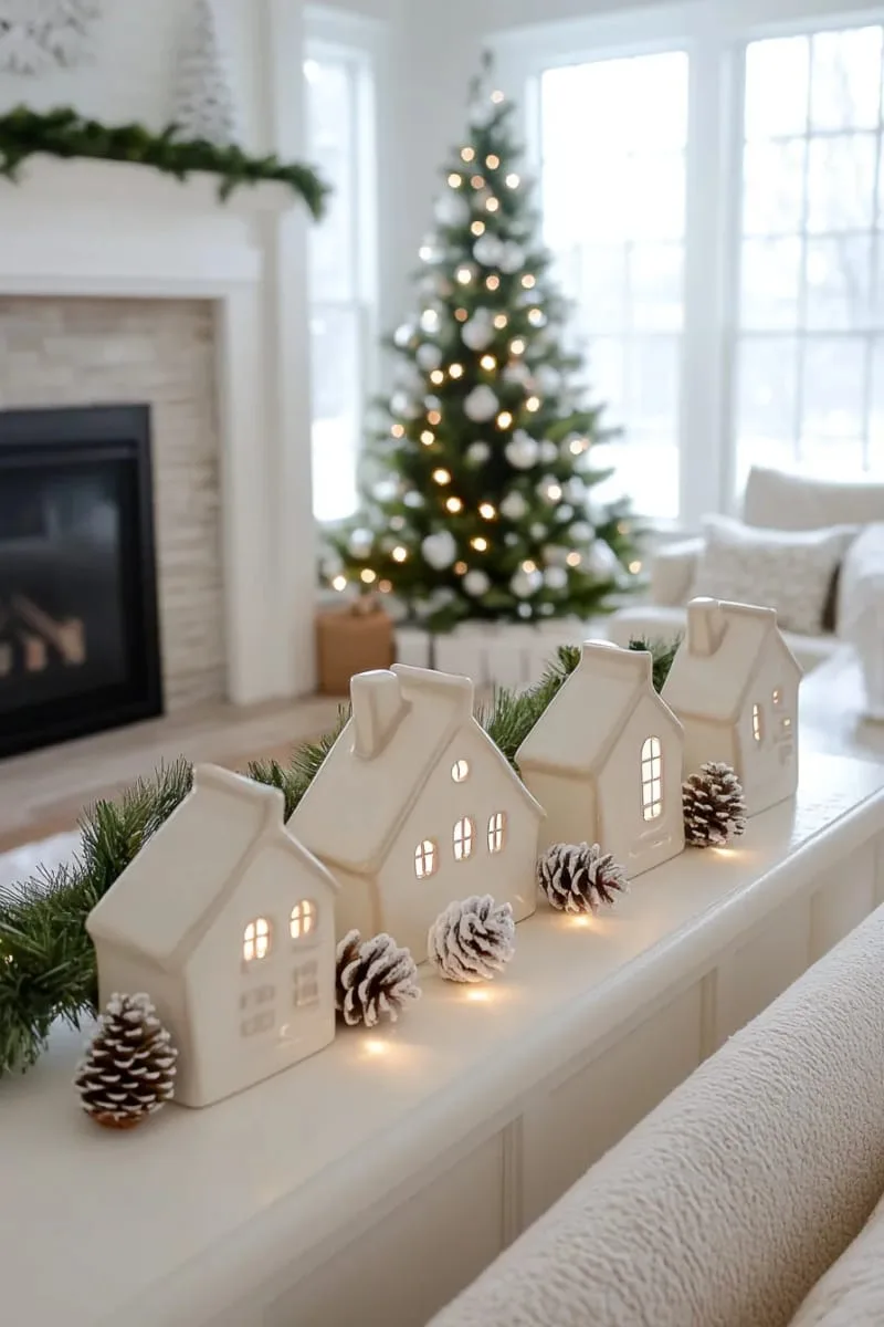 minimalist white houses with fairy lights and frosted pinecones 1
