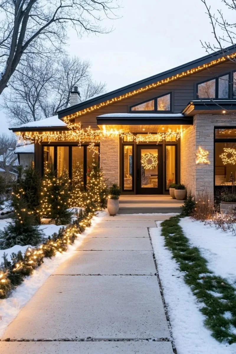 23 Exterior Christmas Decor Ideas Guests Will Remember All Season Long 72 minimalist white lights tracing the rooflines of a modern exterior home design 1
