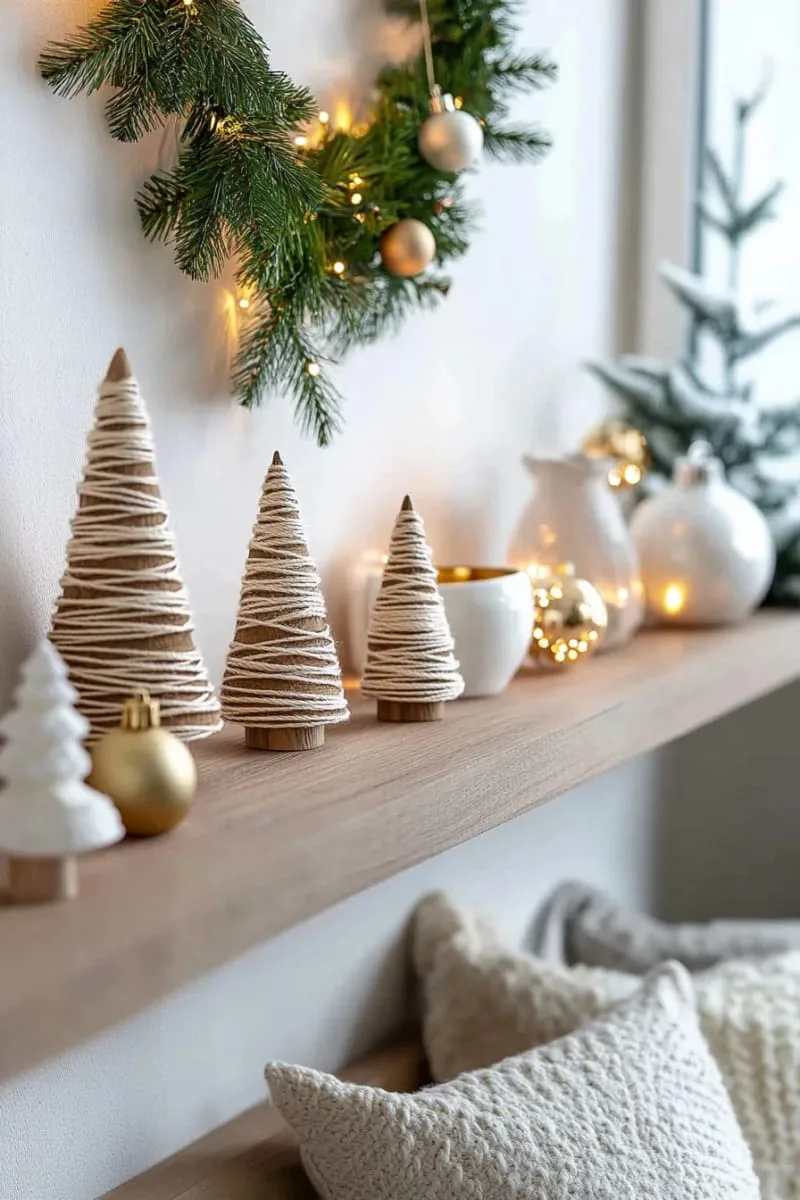 27 Stunning Christmas Decoration Crafts for a Unique 2025 129 minimalist wood cone trees wrapped in twine and gold thread 1