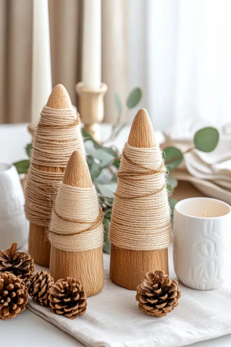 27 Stunning Christmas Decoration Crafts for a Unique 2025 130 minimalist wood cone trees wrapped in twine and gold thread 1