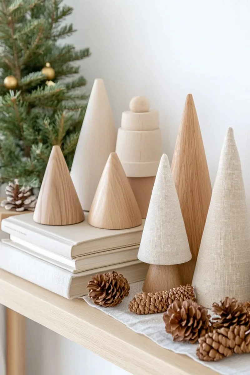 minimalist wooden christmas trees paired with neutral-toned books and pinecones 1