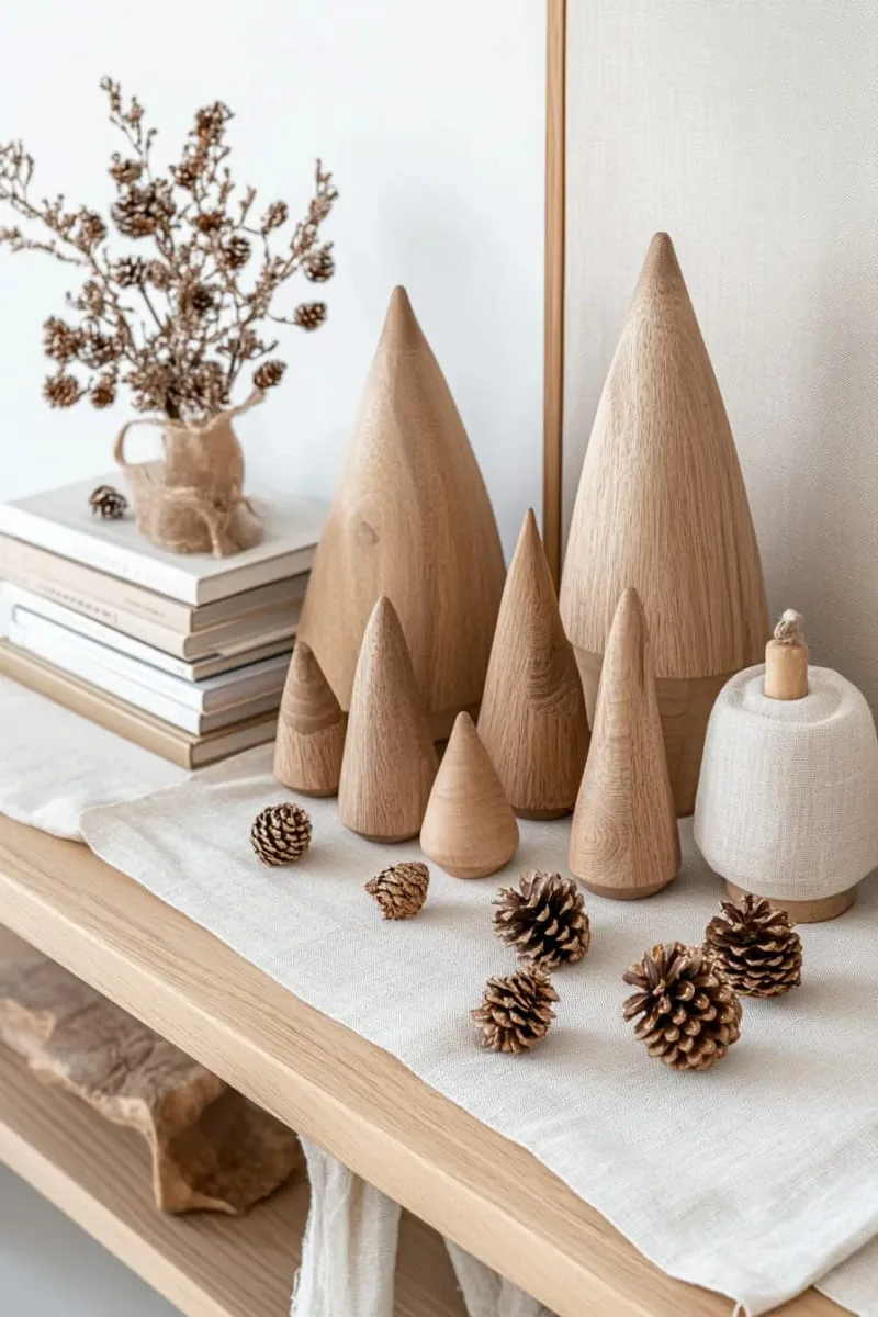 minimalist wooden christmas trees paired with neutral-toned books and pinecones 1