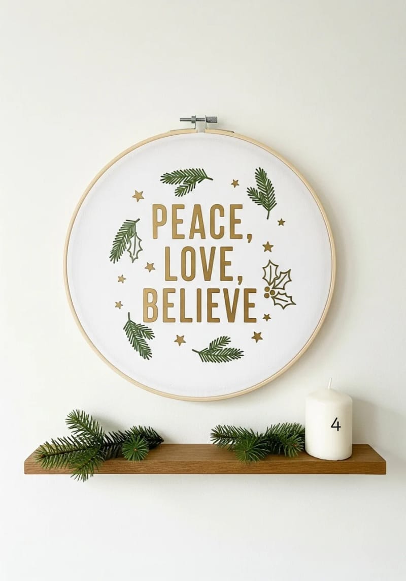 minimalist wooden-look hoop art with “peace, love, believe” quote 1