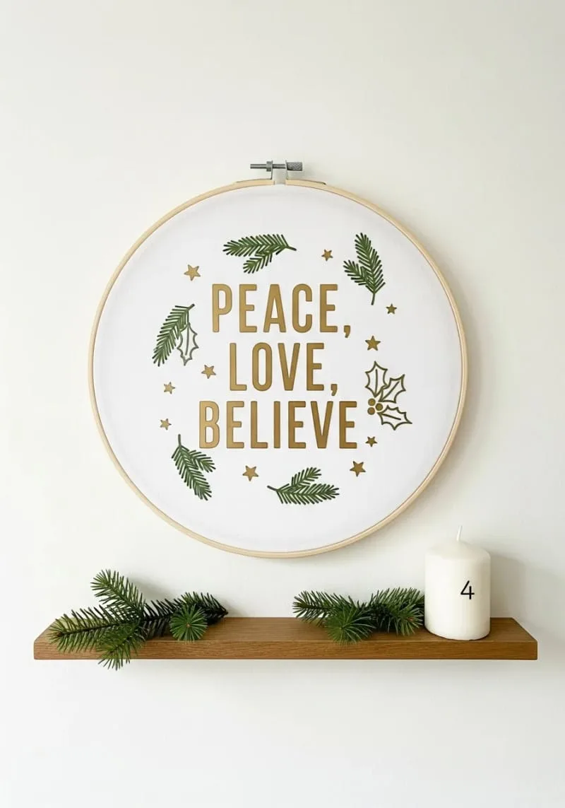 minimalist wooden-look hoop art with “peace, love, believe” quote 1