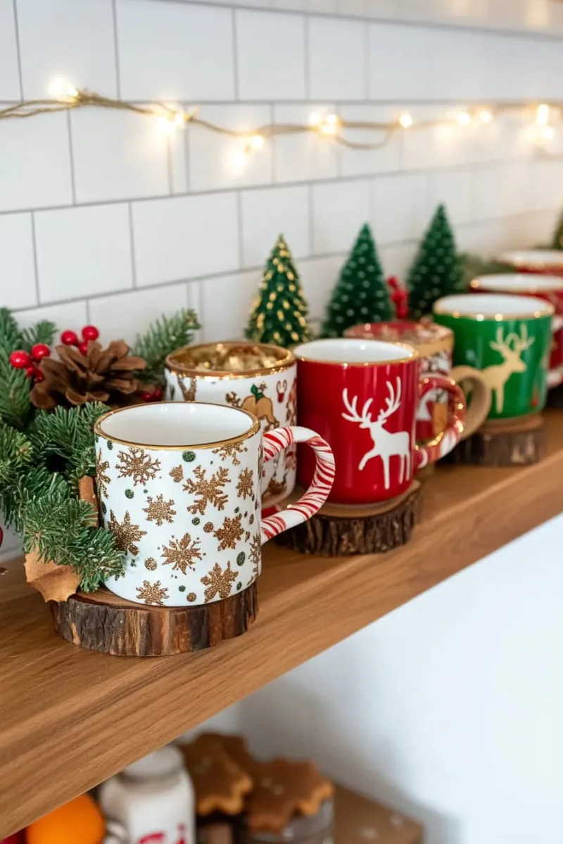 29 Creative Christmas Kitchen Decor Ideas You'll Absolutely Love 12 mismatched holiday mugs arranged on open kitchen shelves 1