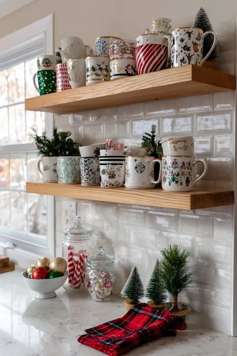 29 Creative Christmas Kitchen Decor Ideas You'll Absolutely Love 13 mismatched holiday mugs arranged on open kitchen shelves 1