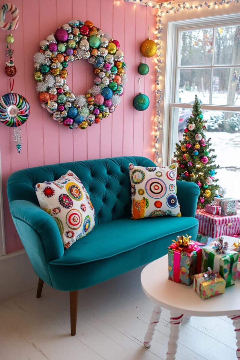 23 Kitsch Christmas Decor Ideas Full of Color, Whimsy, and Cheer 22 mix-and-match metallic tinsel garlands cascading down a punchy pink wall 1