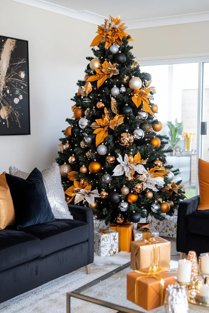 mix metallic and velvet ornaments on a modern black christmas tree. 1