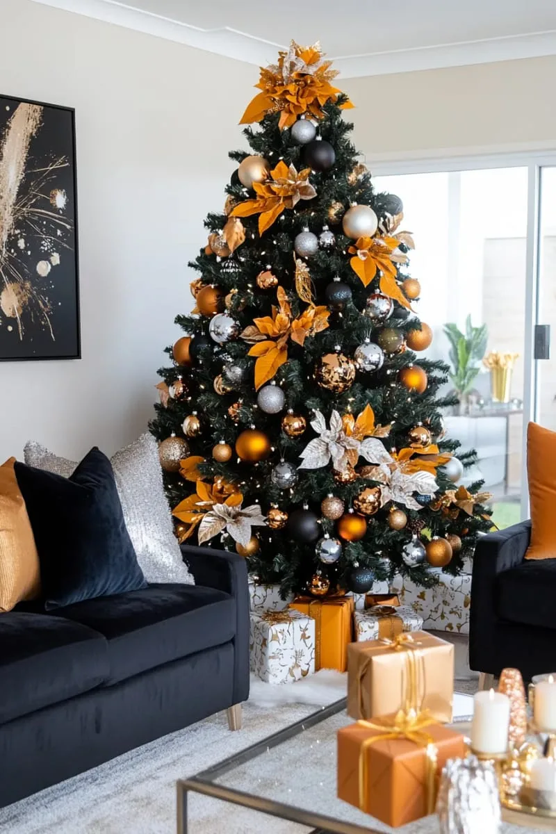 mix metallic and velvet ornaments on a modern black christmas tree. 1