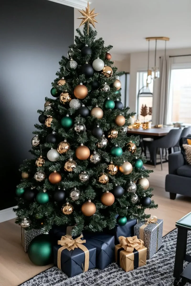 mix metallic and velvet ornaments on a modern black christmas tree. 1