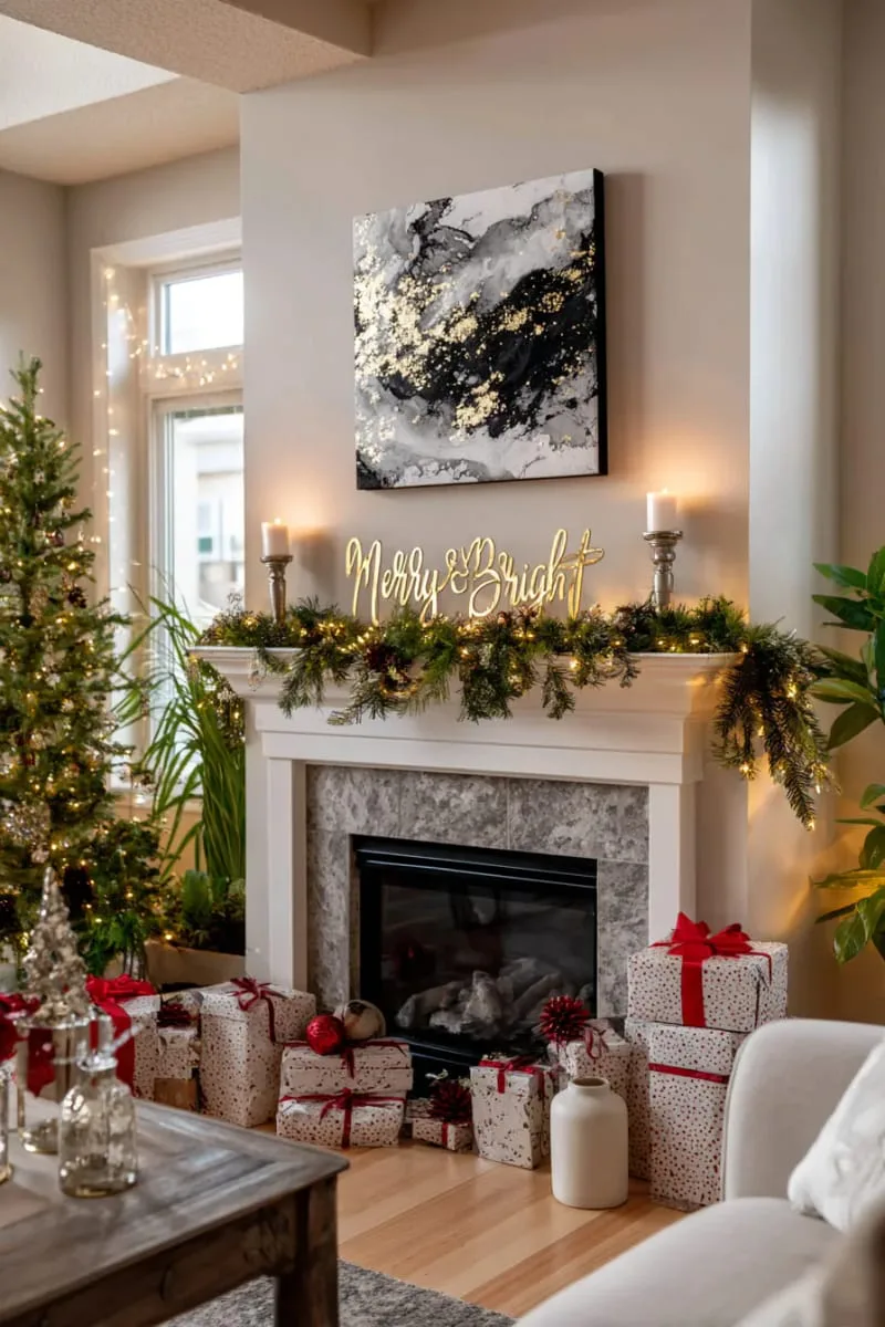 modern black and gold wall art with festive holiday script 1