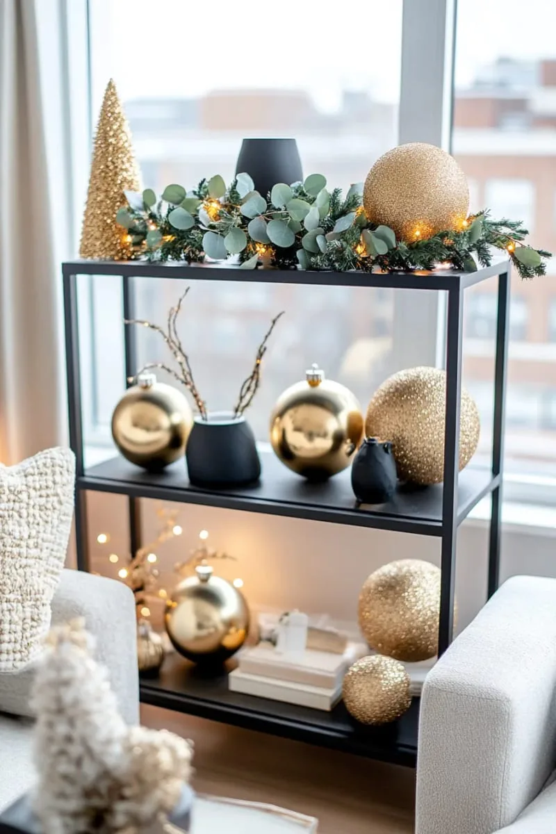 modern black shelving with gold ornaments and eucalyptus sprigs 1