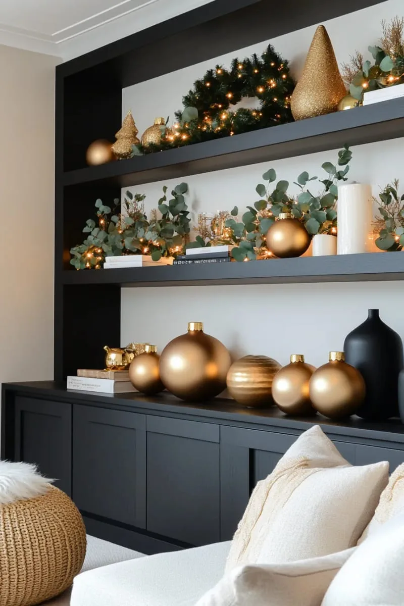 modern black shelving with gold ornaments and eucalyptus sprigs 1