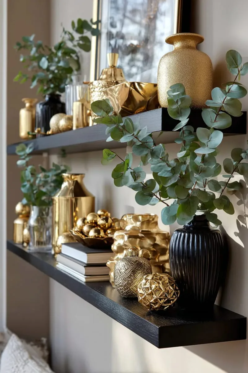 modern black shelving with gold ornaments and eucalyptus sprigs 1