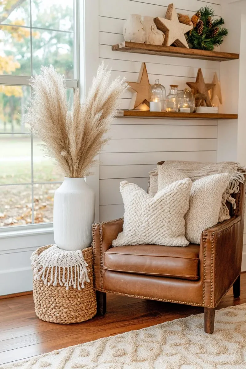 modern boho christmas corner with pampas grass and wooden stars 1