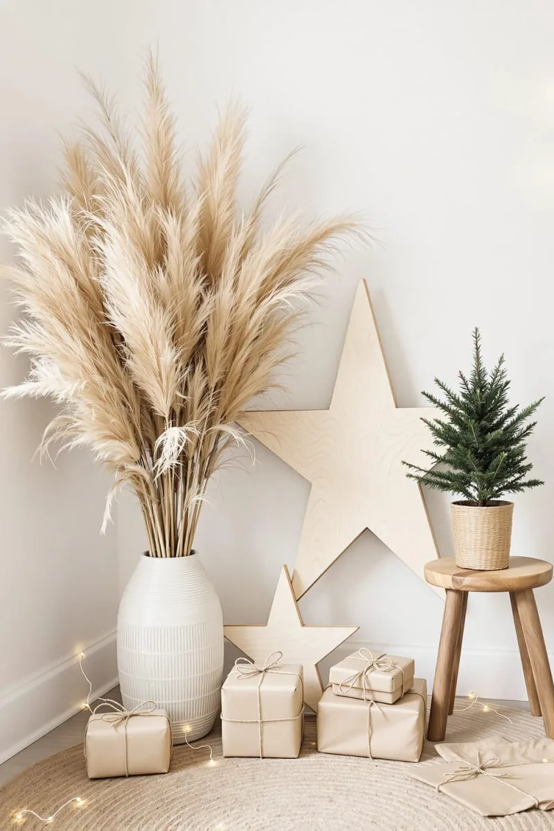 modern boho christmas corner with pampas grass and wooden stars 1