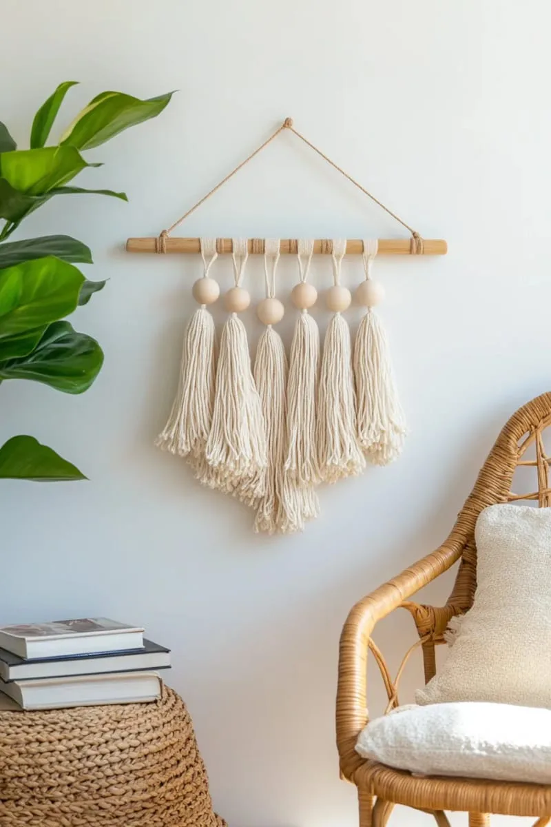 modern boho wall hanging with tassels and wooden beads 1
