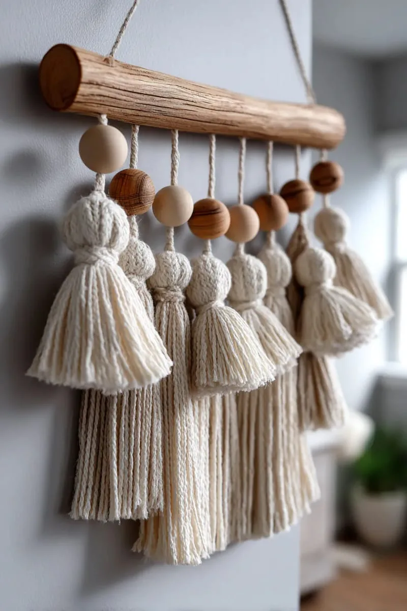 modern boho wall hanging with tassels and wooden beads 1