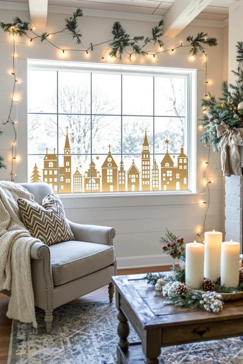 modern christmas village window silhouette stickers with gold foil rooftops 1