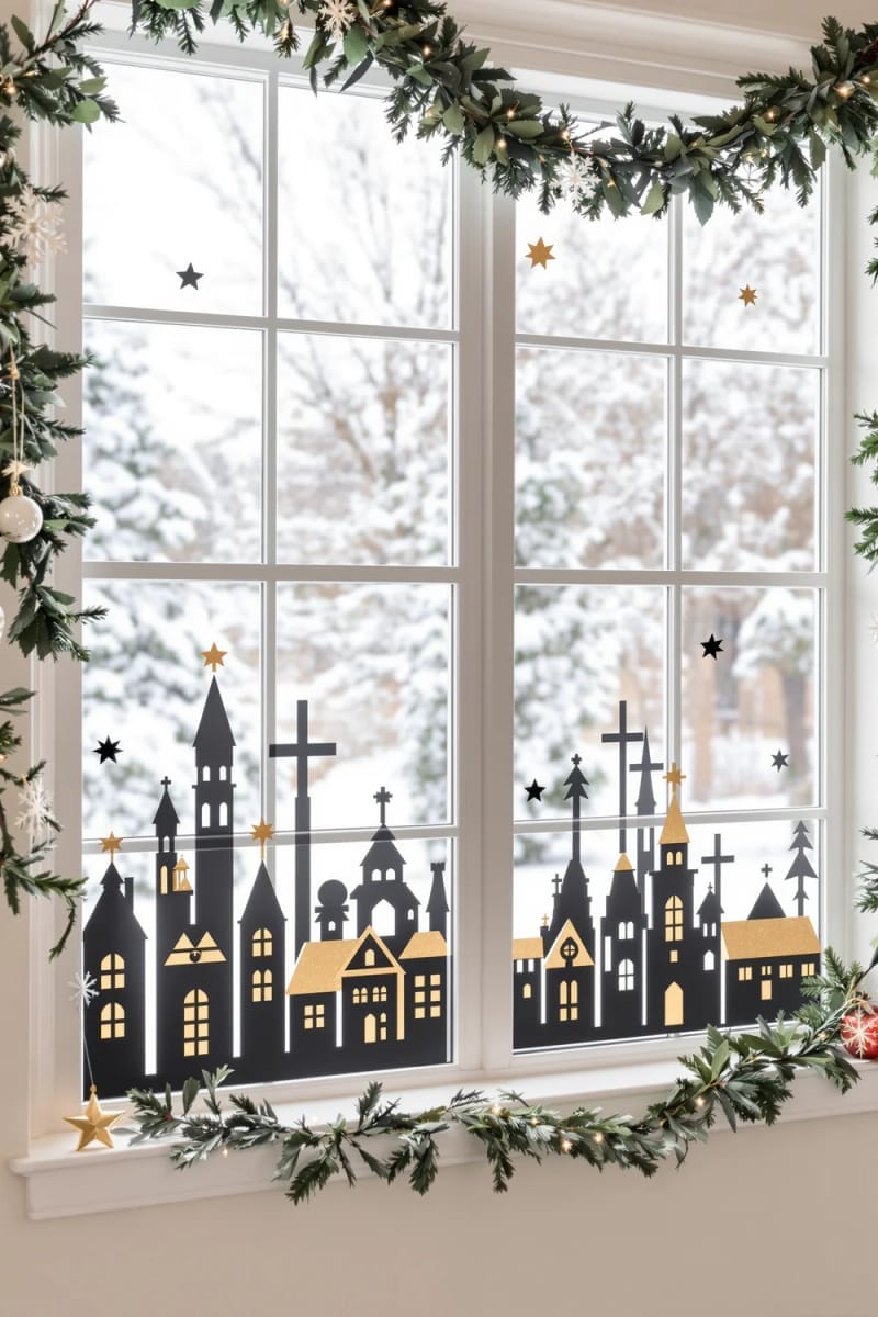 modern christmas village window silhouette stickers with gold foil rooftops 1
