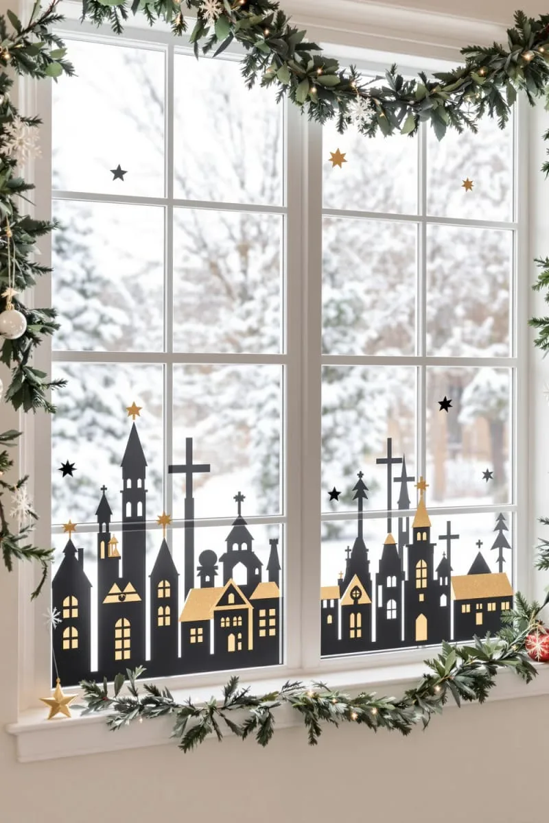 modern christmas village window silhouette stickers with gold foil rooftops 1