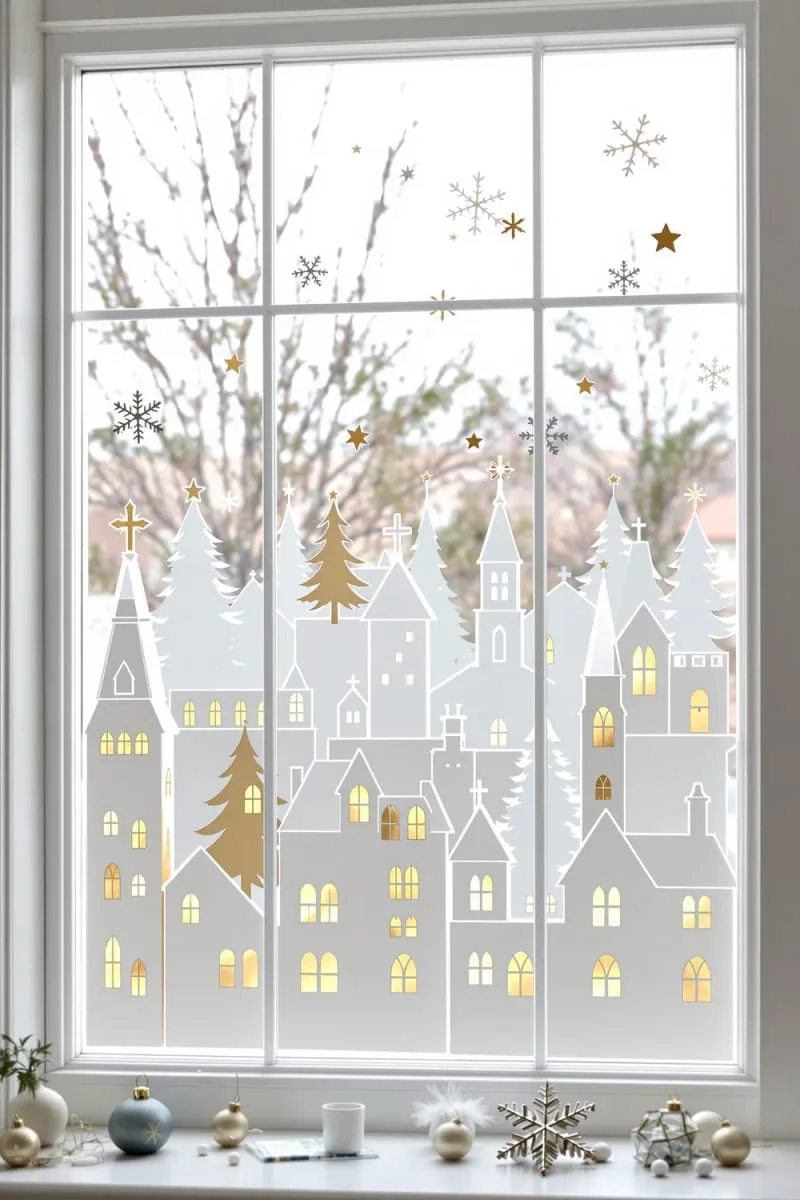 modern christmas village window silhouette stickers with gold foil rooftops 1