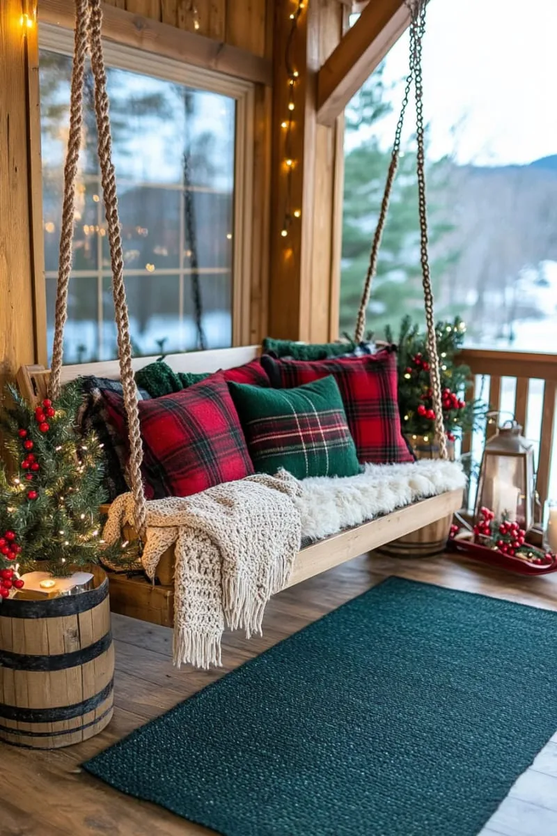 15 Charming Modern Farmhouse Christmas Decor Ideas for a Front Porch 32 modern farmhouse swing bench layered with cozy tartan pillows and chunky blankets 1