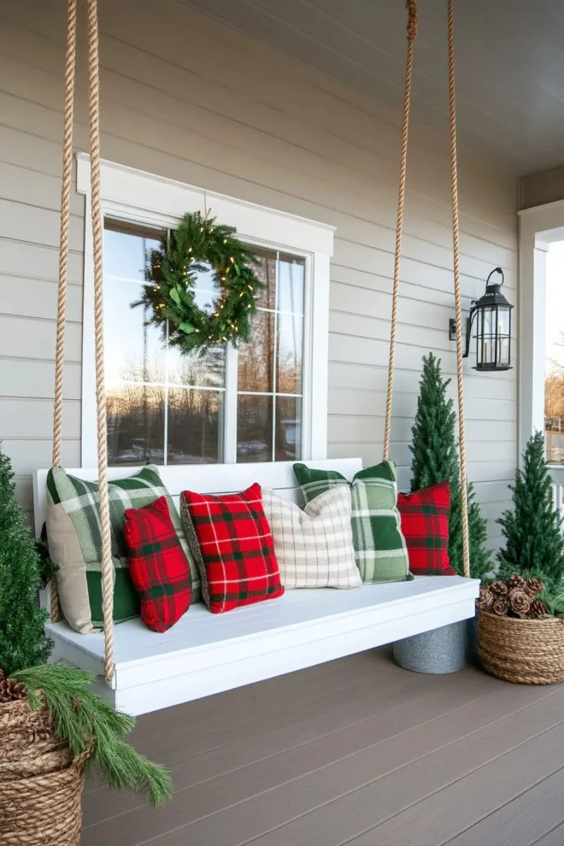 15 Charming Modern Farmhouse Christmas Decor Ideas for a Front Porch 33 modern farmhouse swing bench layered with cozy tartan pillows and chunky blankets 1