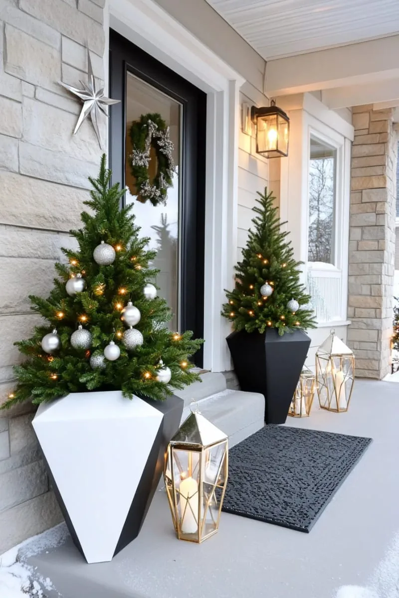 15 Dreamy Front Porch Christmas Trees to Try This Year 28 modern geometric planters with sleek, slim christmas trees and metallic decor 1