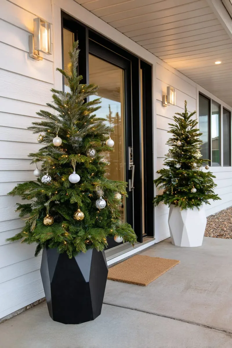15 Dreamy Front Porch Christmas Trees to Try This Year 29 modern geometric planters with sleek, slim christmas trees and metallic decor 1