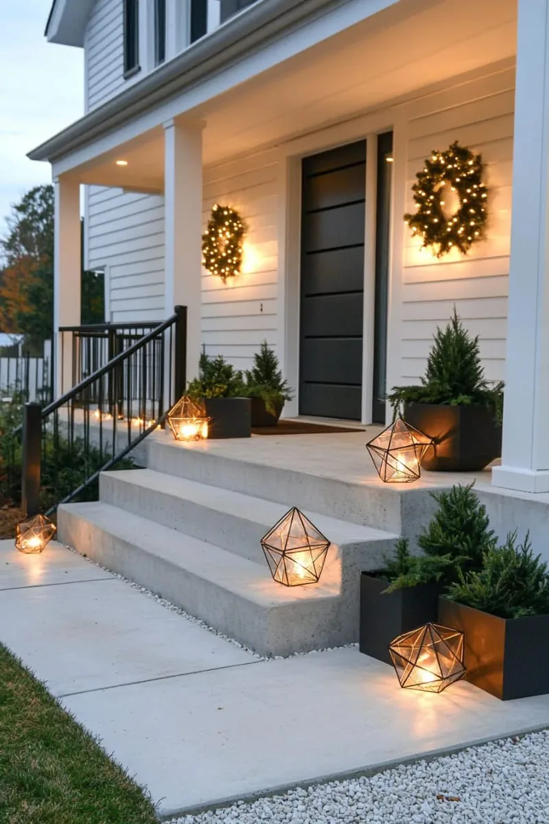 23 Exterior Christmas Decor Ideas Guests Will Remember All Season Long 32 modern geometric star lights grouped around porch steps for a minimalist look 1