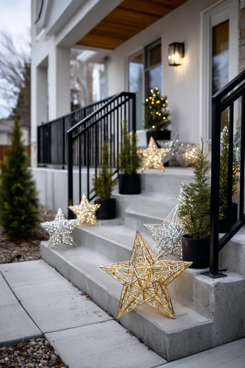 23 Exterior Christmas Decor Ideas Guests Will Remember All Season Long 33 modern geometric star lights grouped around porch steps for a minimalist look 1