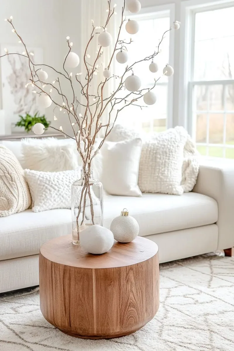 25 New Gorgeous White Christmas Decor Ideas That Wow 52 modern geometric white ornaments suspended from bare branches 1