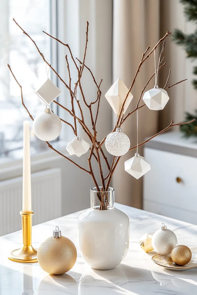 25 New Gorgeous White Christmas Decor Ideas That Wow 54 modern geometric white ornaments suspended from bare branches 1