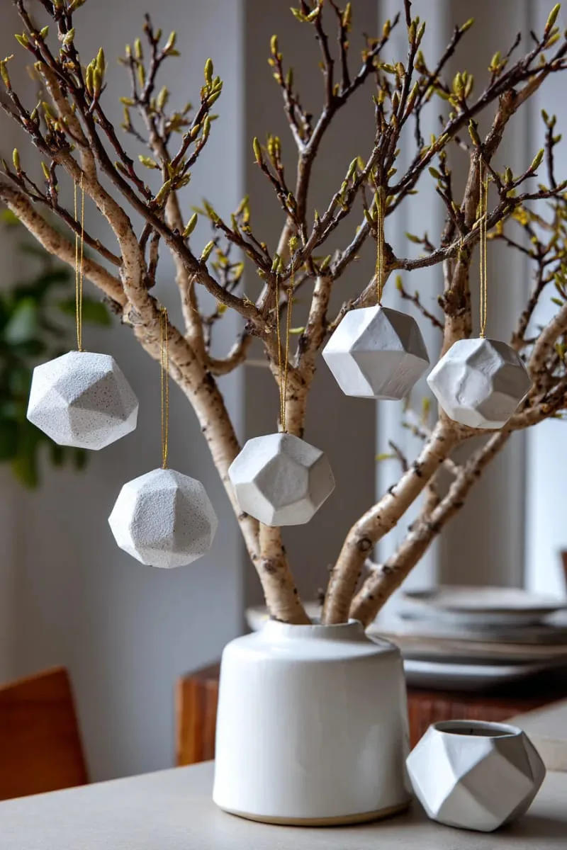 25 New Gorgeous White Christmas Decor Ideas That Wow 54 modern geometric white ornaments suspended from bare branches 1