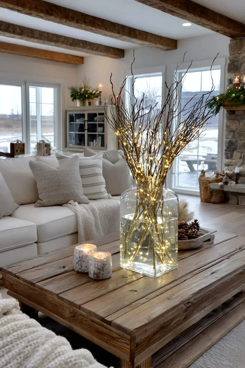 29 Simple Christmas Decor Ideas for a Beautiful Holiday Season 45 modern glass vase filled with winter branches and fairy lights 1
