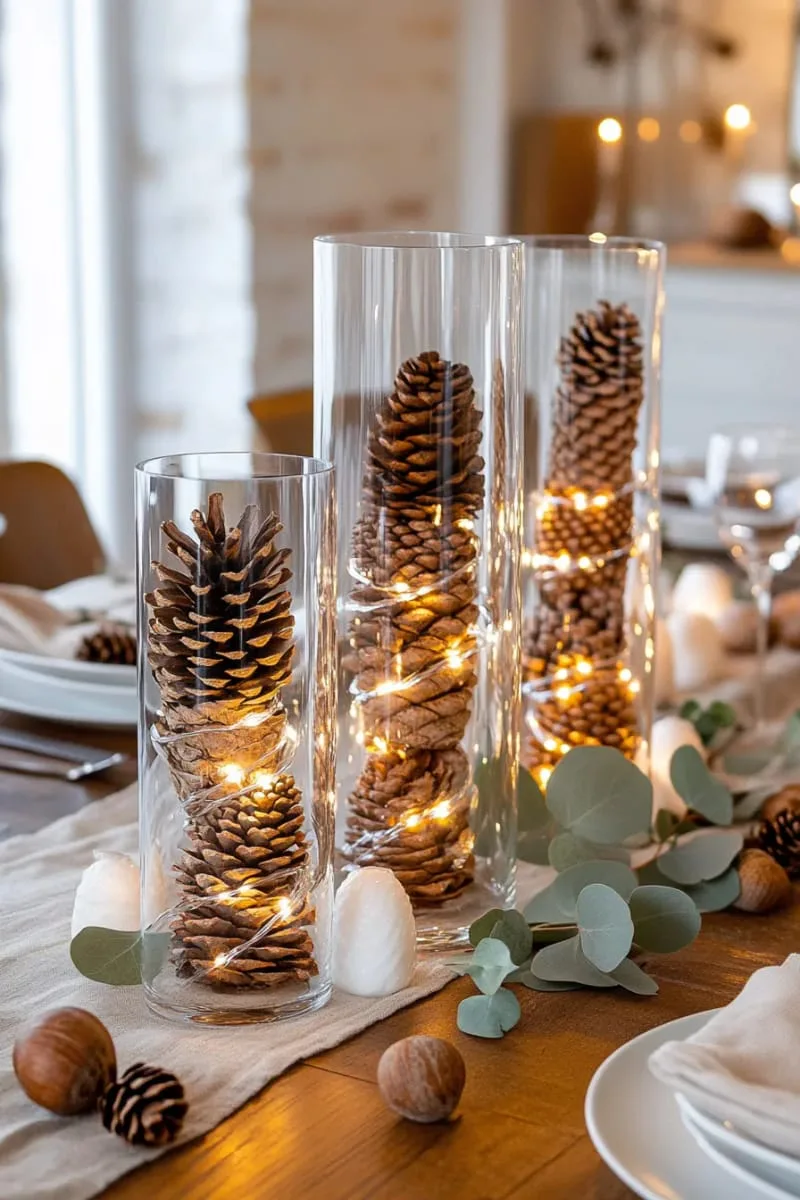 modern glass vases filled with pinecones and illuminated by fairy lights 1
