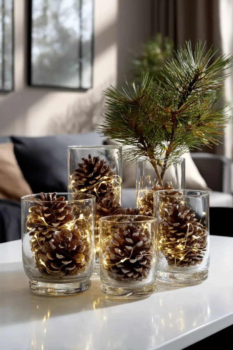 modern glass vases filled with pinecones and illuminated by fairy lights 1