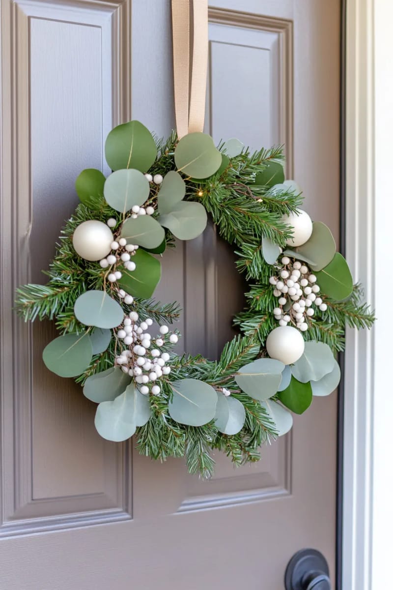 modern neutral wreath with eucalyptus, pine, and white berries on front door 1