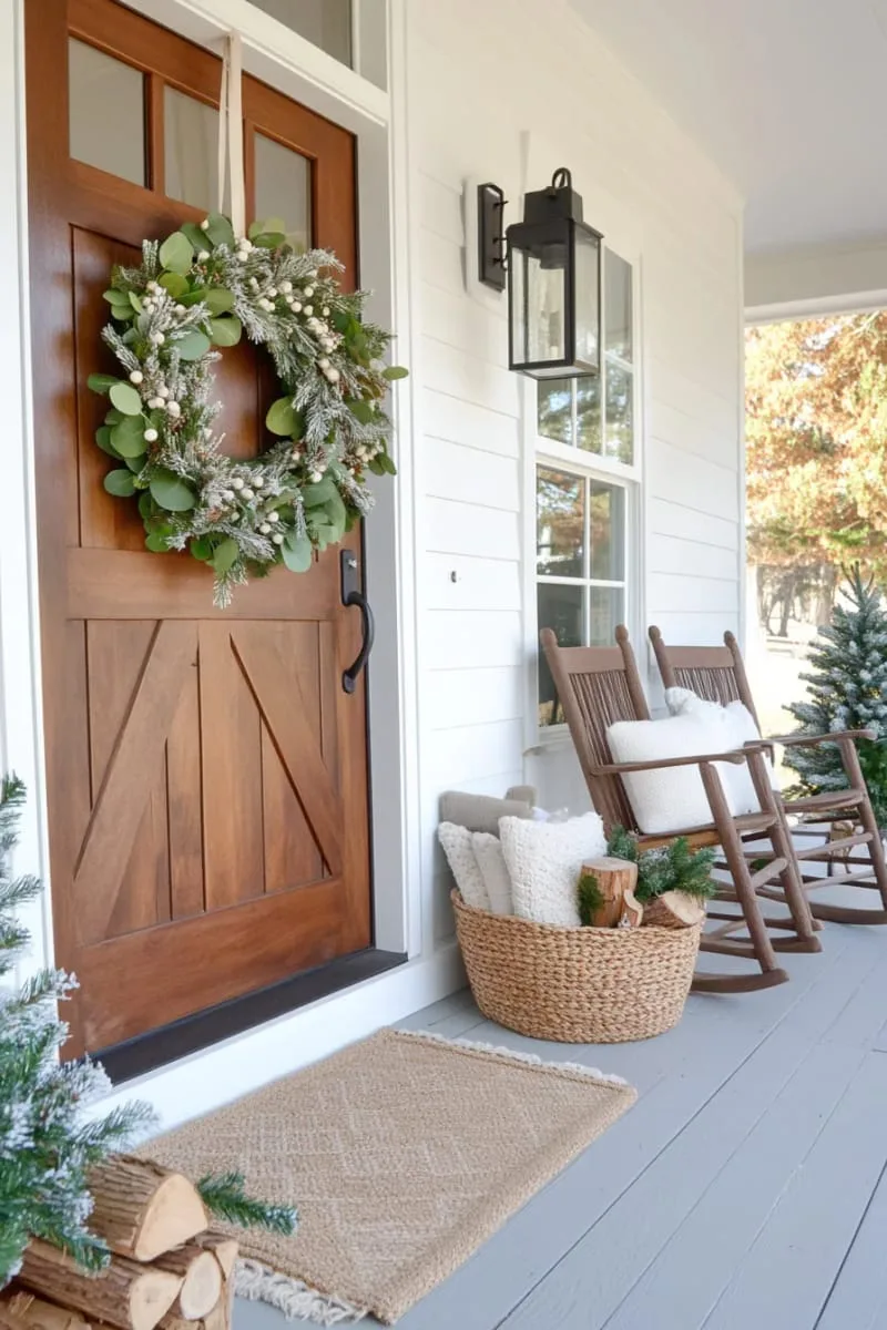 modern neutral wreath with eucalyptus, pine, and white berries on front door 1