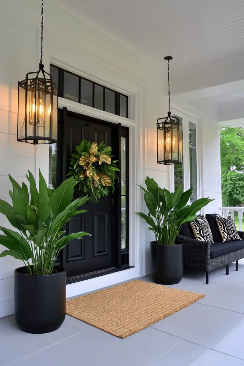 27 Beautiful Christmas Front Door Decor Ideas to Inspire 18 monochrome black-and-gold wreath with matching lanterns for modern elegance 1