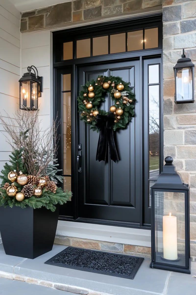 27 Beautiful Christmas Front Door Decor Ideas to Inspire 19 monochrome black-and-gold wreath with matching lanterns for modern elegance 1