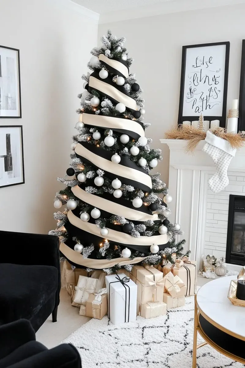 monochrome black and white striped ribbons wrapping around tree branches 1