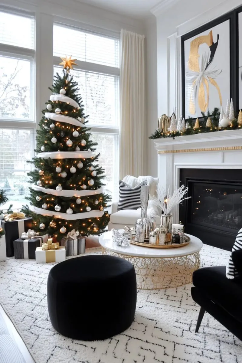 monochrome black and white striped ribbons wrapping around tree branches 1